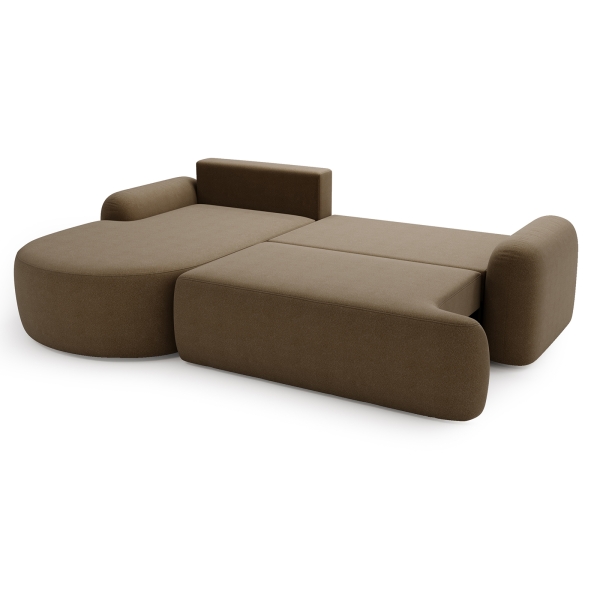 BRĄZOWY NAROŻNIK DO SALONU AGAT L Z PÓŁOKRĄGŁĄ OTOMANĄ LAMBI - FUNKCJA SPANIA